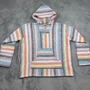 Earth Ragz Mexican Baja Pullover Hoodie Small Pastel Rainbow Striped Jerga